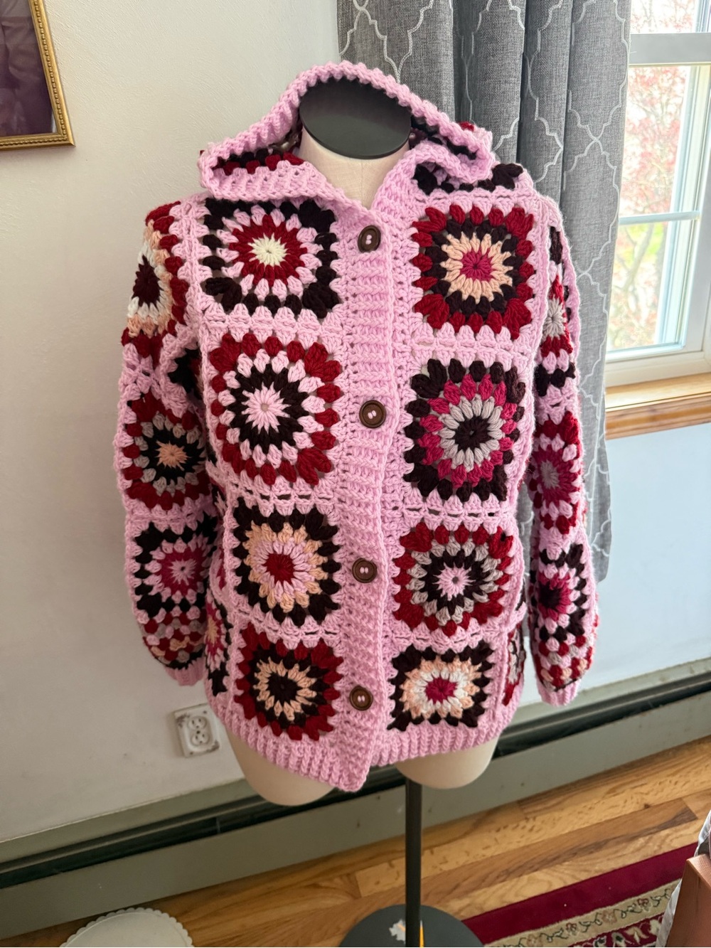 Cottagecore New women's handmade crochet granny square button cardigan xl -xxl